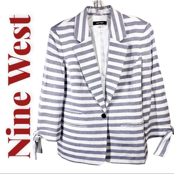 NINE WEST Linen Blend Striped Tie Sleeve One Button Nautical Blazer, Size 10 - Picture 10 of 10